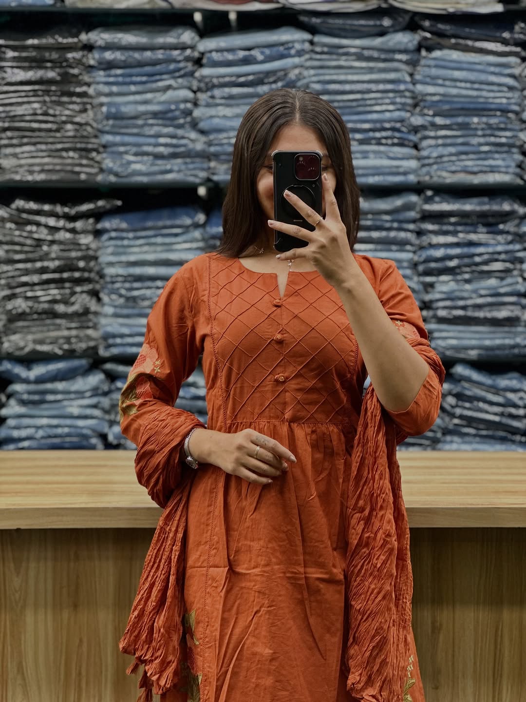 Orange Pure Cotton Kurti Pant & Dupatta Set with Embroidery Work