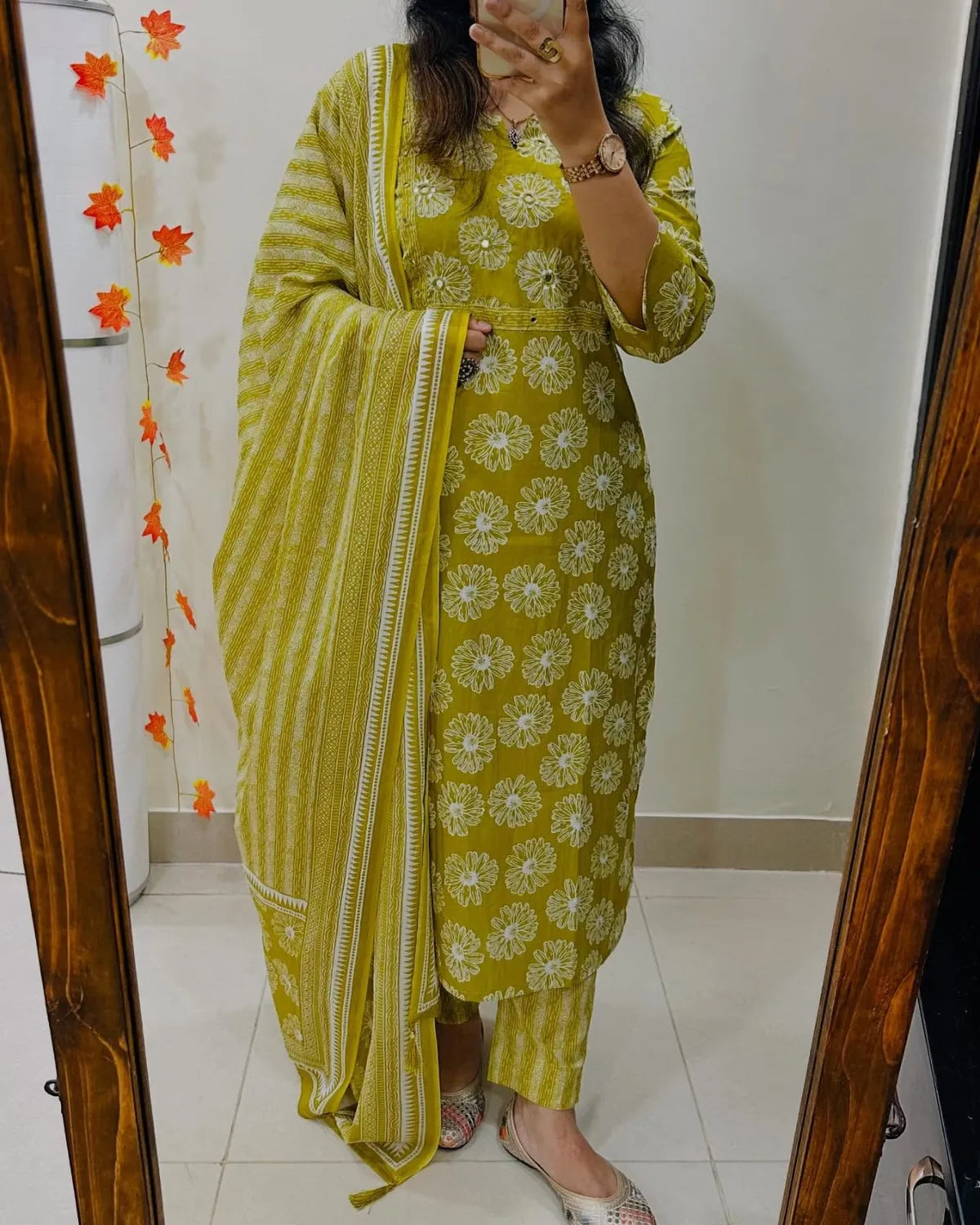 Mustard Yellow Floral Cotton Suit Set with Printed Dupatta