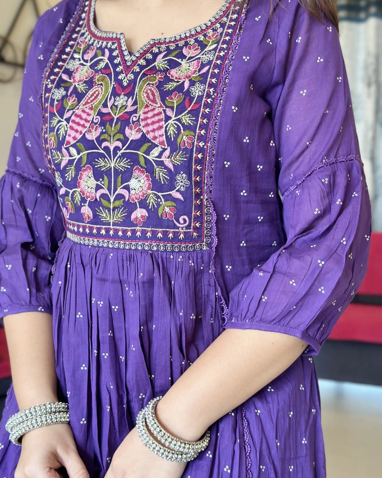 Purple Anarkali Kurta Set with Cotton Pant and Malmal Dupatta