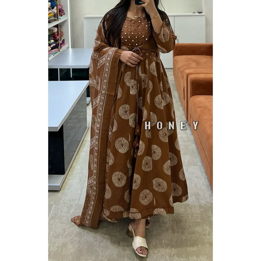 Brown Cotton Printed Anarkali with Attached Jacket Detailing with Pants and Dupatta
