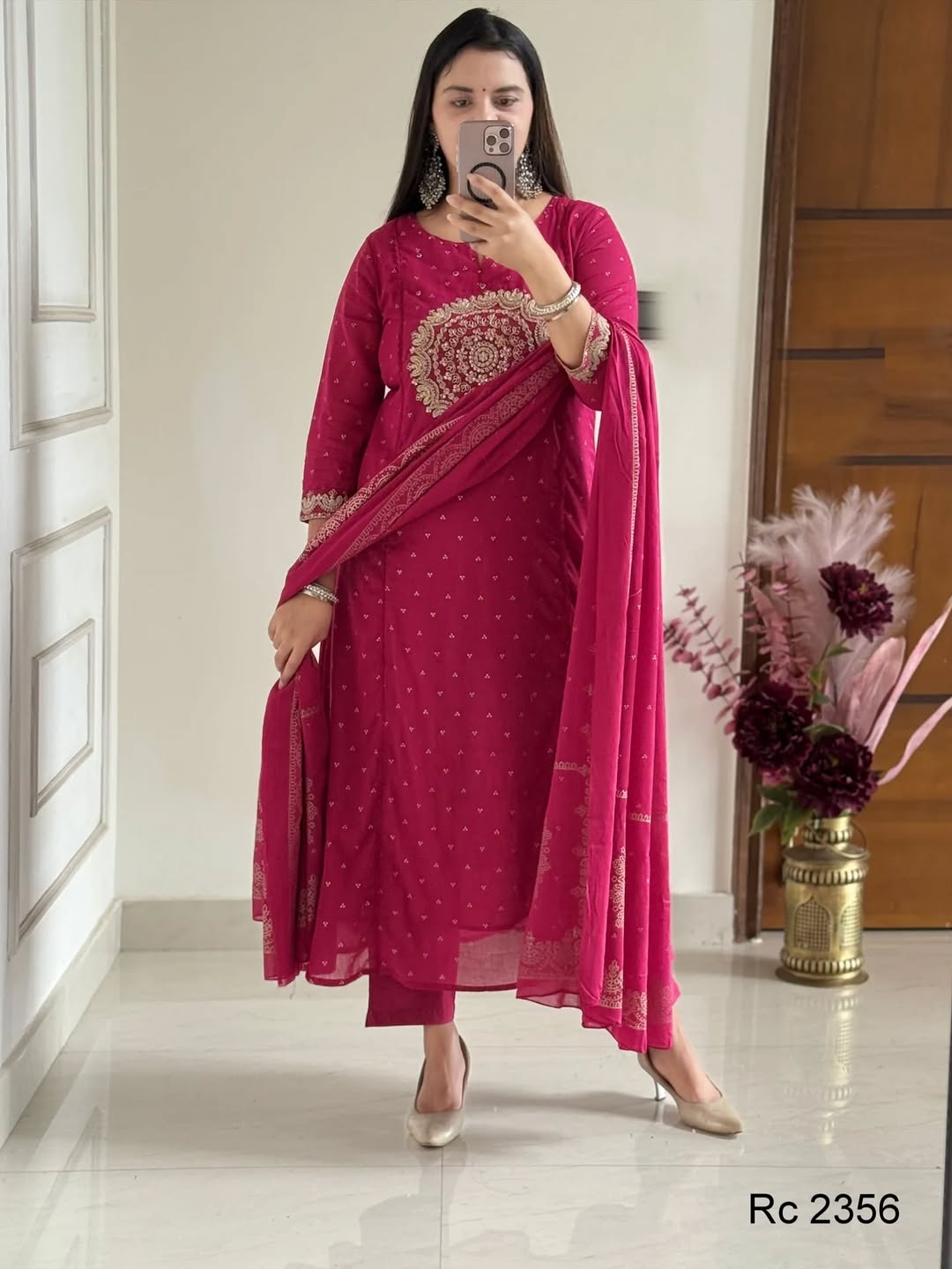 Pink Embroidered Anarkali Kurta Set with Bell Sleeves and Dupatta