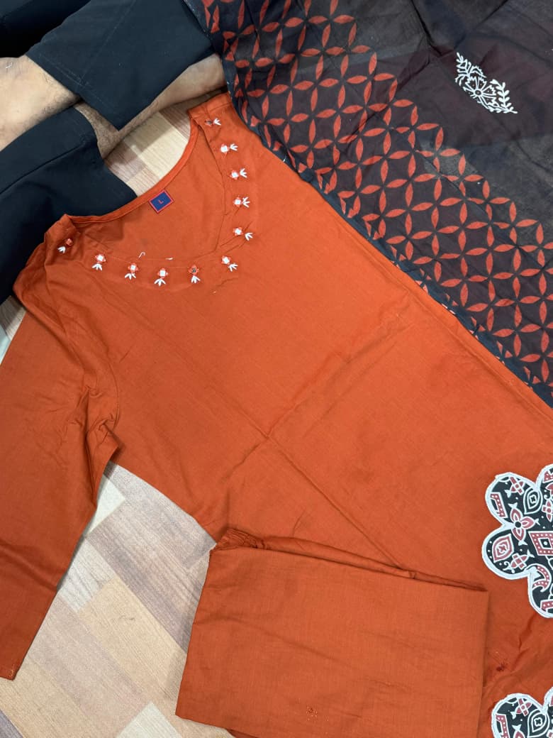 Rust Premium Dhabu Cotton Kurti Set with Applique Work & Cotton Dupatta