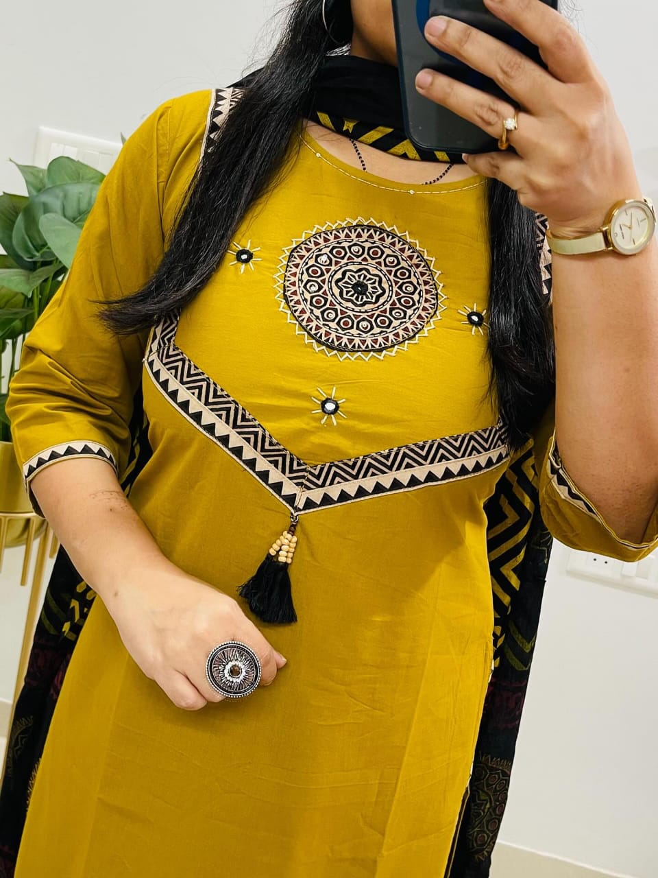 Yellow Sitara Mirror Applique Kurti Set with Block Print Dupatta