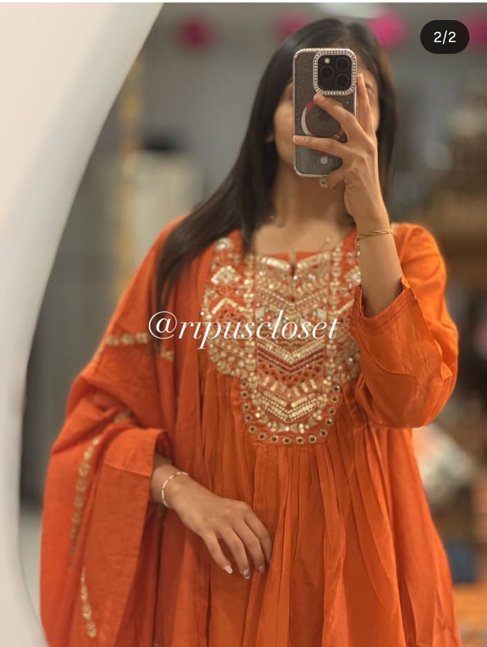 Rust Embroidered Suit Set with Dupatta