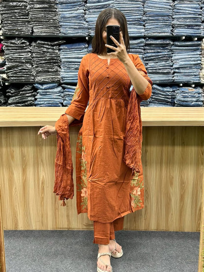 Orange Pure Cotton Kurti Pant & Dupatta Set with Embroidery Work