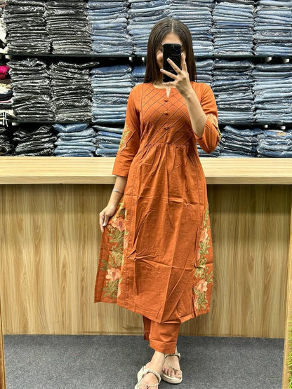 Orange Pure Cotton Kurti Pant & Dupatta Set with Embroidery Work