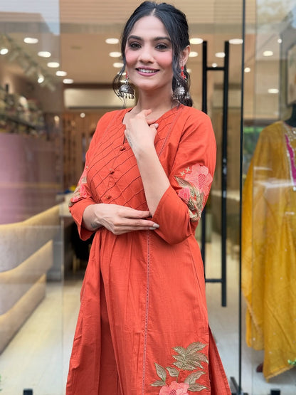 Orange Premium Mul Cotton Kurti Set