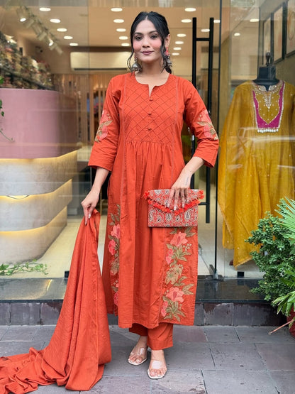 Orange Premium Mul Cotton Kurti Set