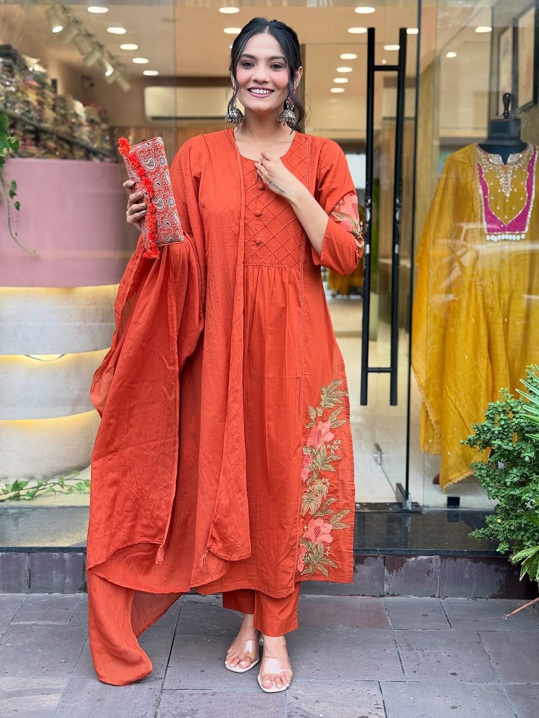 Orange Premium Mul Cotton Kurti Set