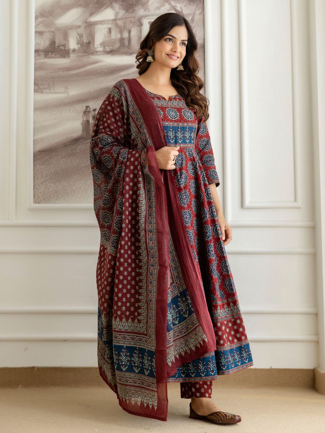 Maroon Printed Round Neck Tiered Pure Cotton Anarkali Kurta With Trousers & Dupatta