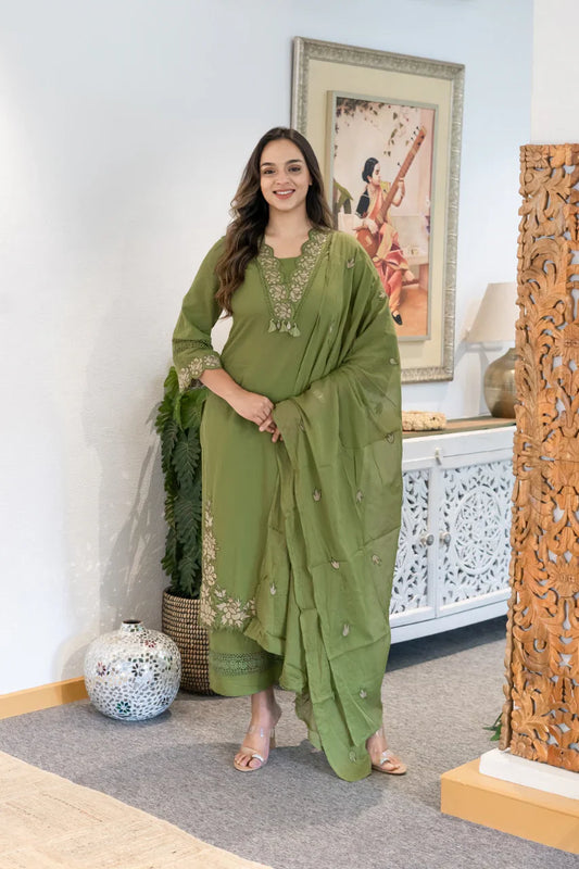 Green Gazal Premium Cotton Embroidered Kurta Pant Set