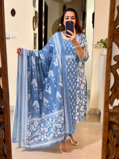 Ice Blue Designer Azrak Cotton Suit