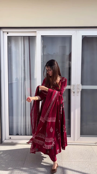 Maroon Handblock Anarkali Set