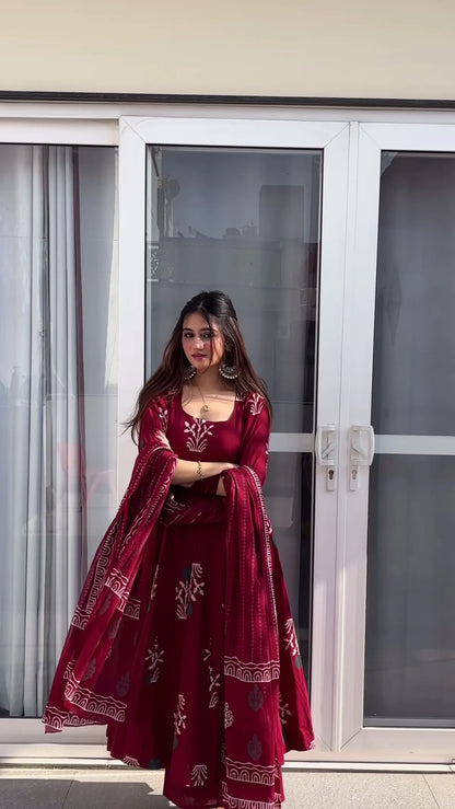 Maroon Handblock Anarkali Set