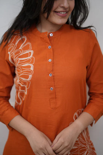 Orange Pure Cotton Kurta Pant Set with Embroidery Work