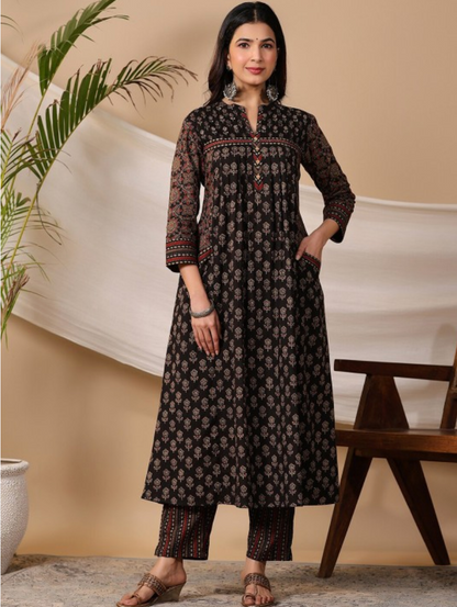 Black Ethnic Motifs Printed Regular Pure Cotton Kurta With Trousers & Dupatta