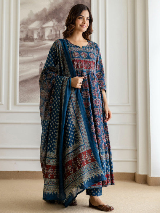 Blue Floral Printed Sequinned Pure Cotton A-Line Kurta With Palazzos & Dupatta