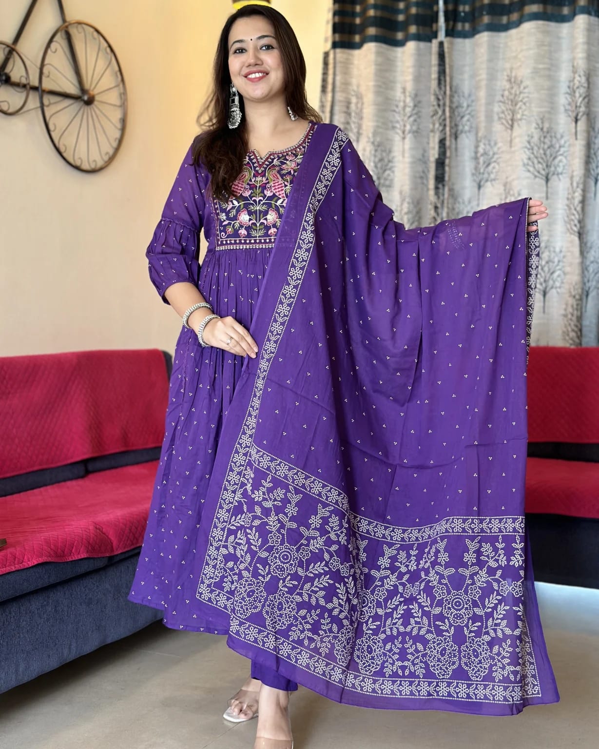 Purple Anarkali Kurta Set with Cotton Pant and Malmal Dupatta