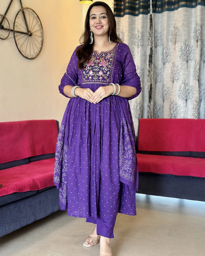 Purple Anarkali Kurta Set with Cotton Pant and Malmal Dupatta