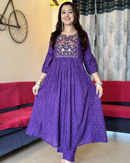 Purple Anarkali Kurta Set with Cotton Pant and Malmal Dupatta