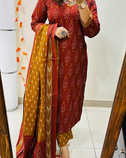 Designer Ikkat Print with Kurti Pant & Dupatta Set