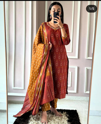 Designer Ikkat Print with Kurti Pant & Dupatta Set