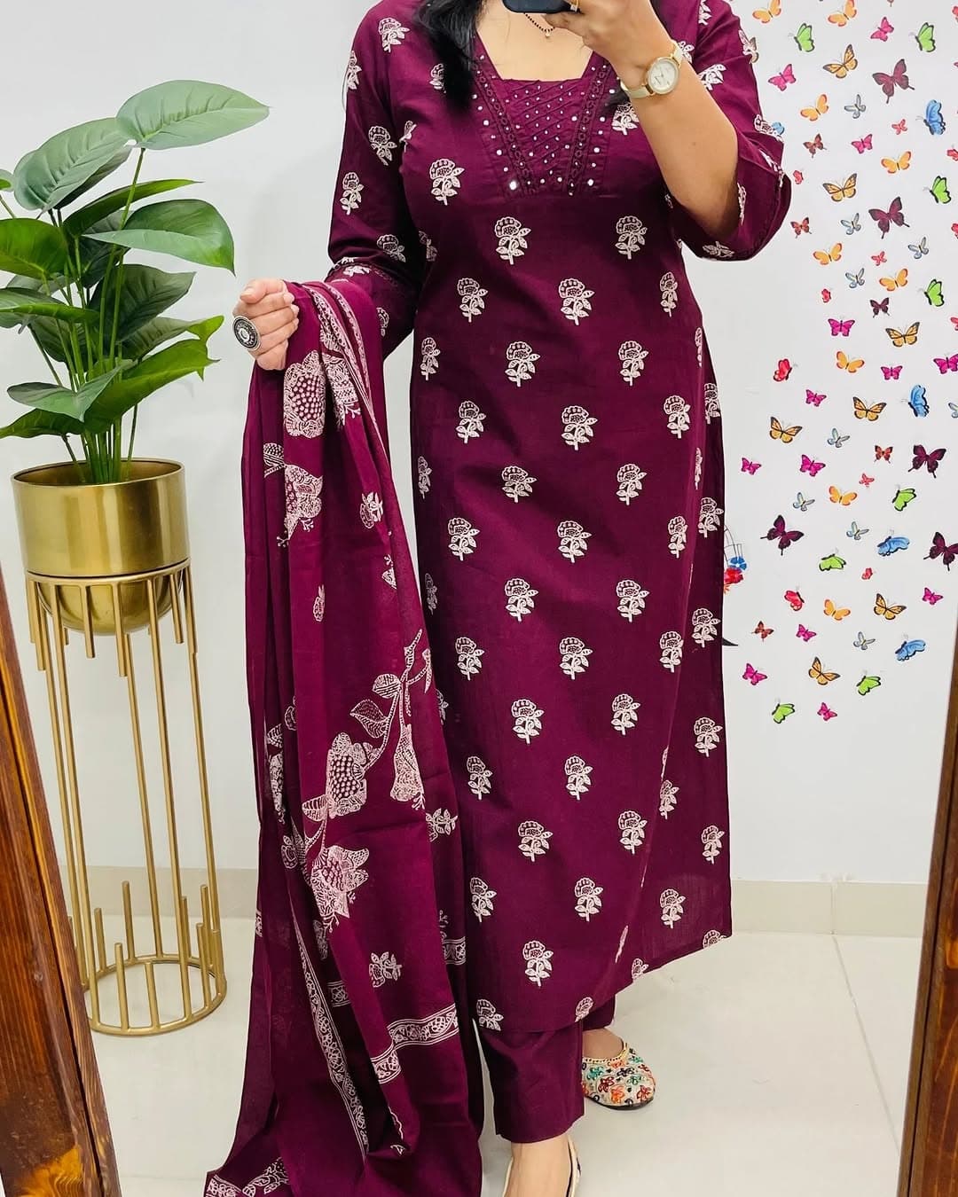 Maroon Designer V-Neck Block Pattern Kurti Pant & Dupatta Set