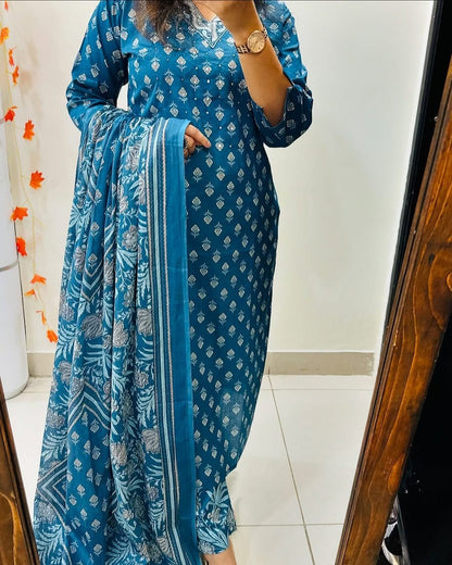 Sky Blue Designer Azarak Printed Kurti Pant and Dupatta Set