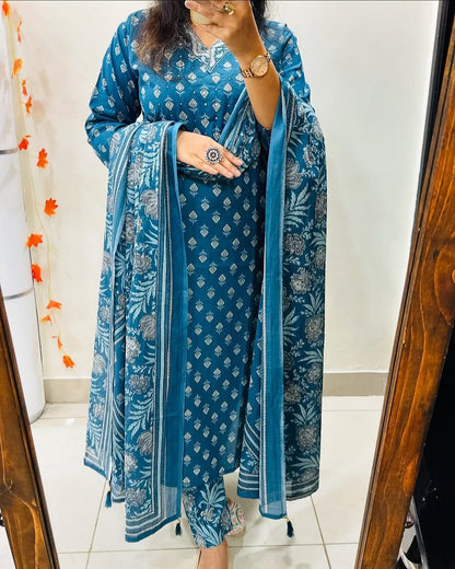 Sky Blue Designer Azarak Printed Kurti Pant and Dupatta Set