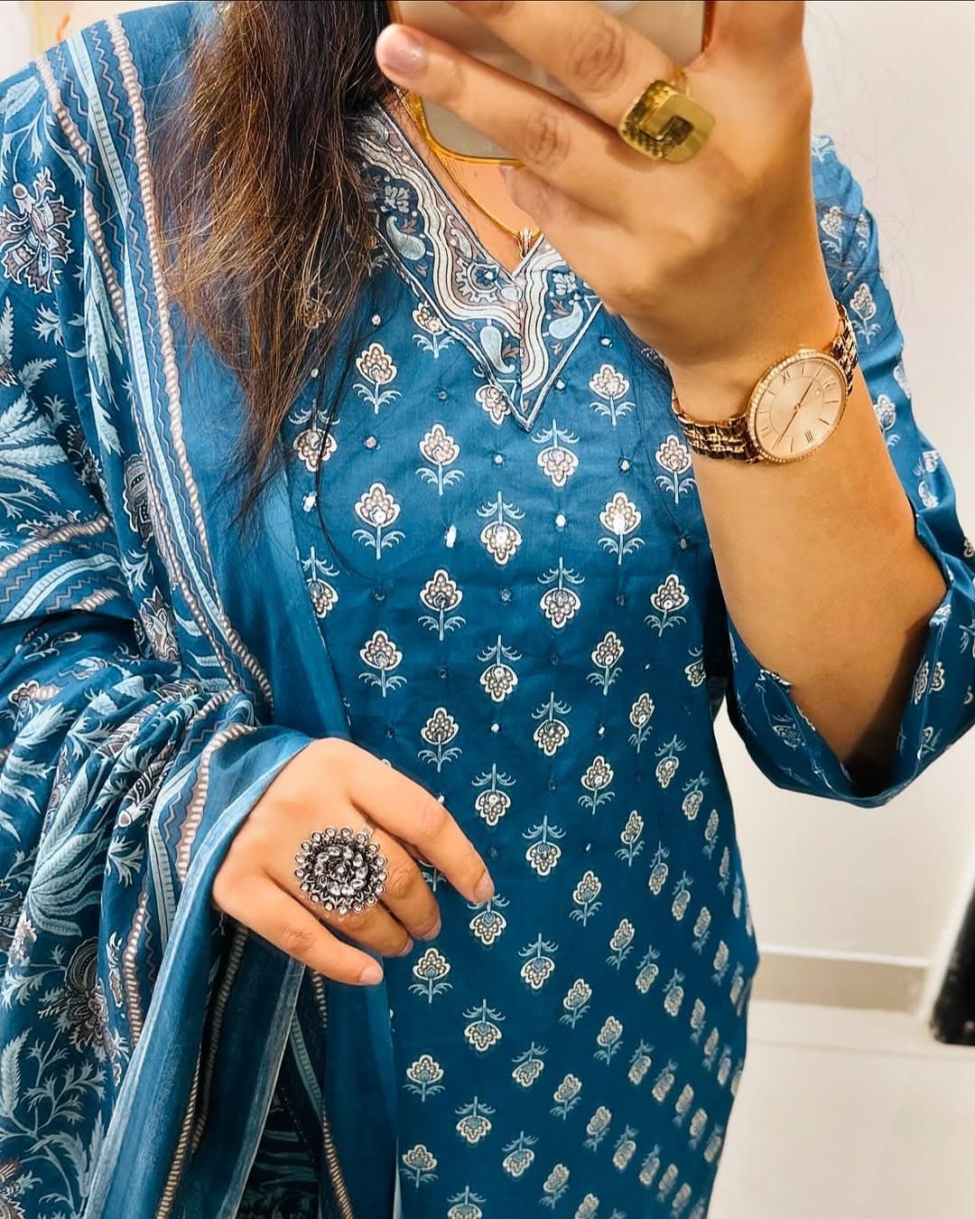 Sky Blue Designer Azarak Printed Kurti Pant and Dupatta Set