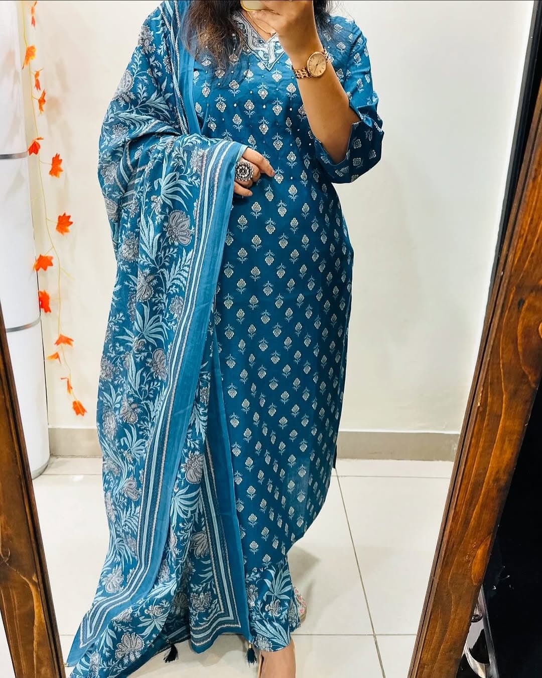 Sky Blue Designer Azarak Printed Kurti Pant and Dupatta Set