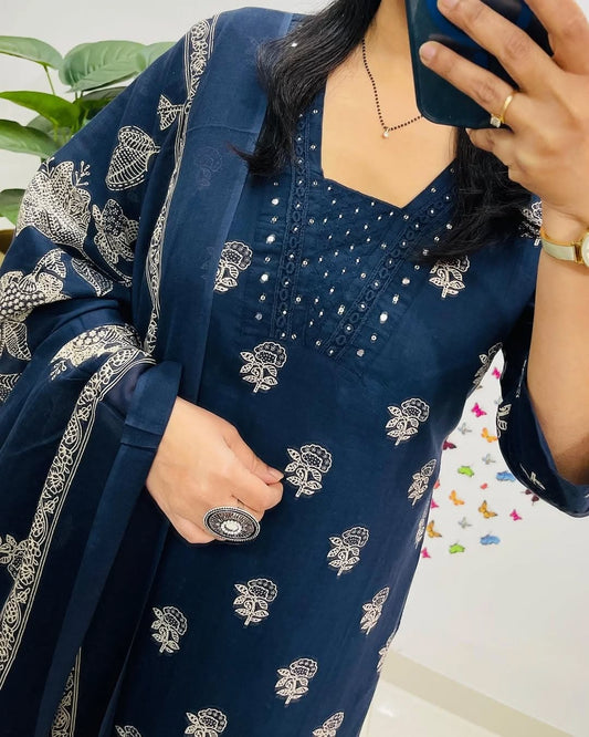 Dark Blue Designer Handblock Print Kurti Pant and Dupatta Set