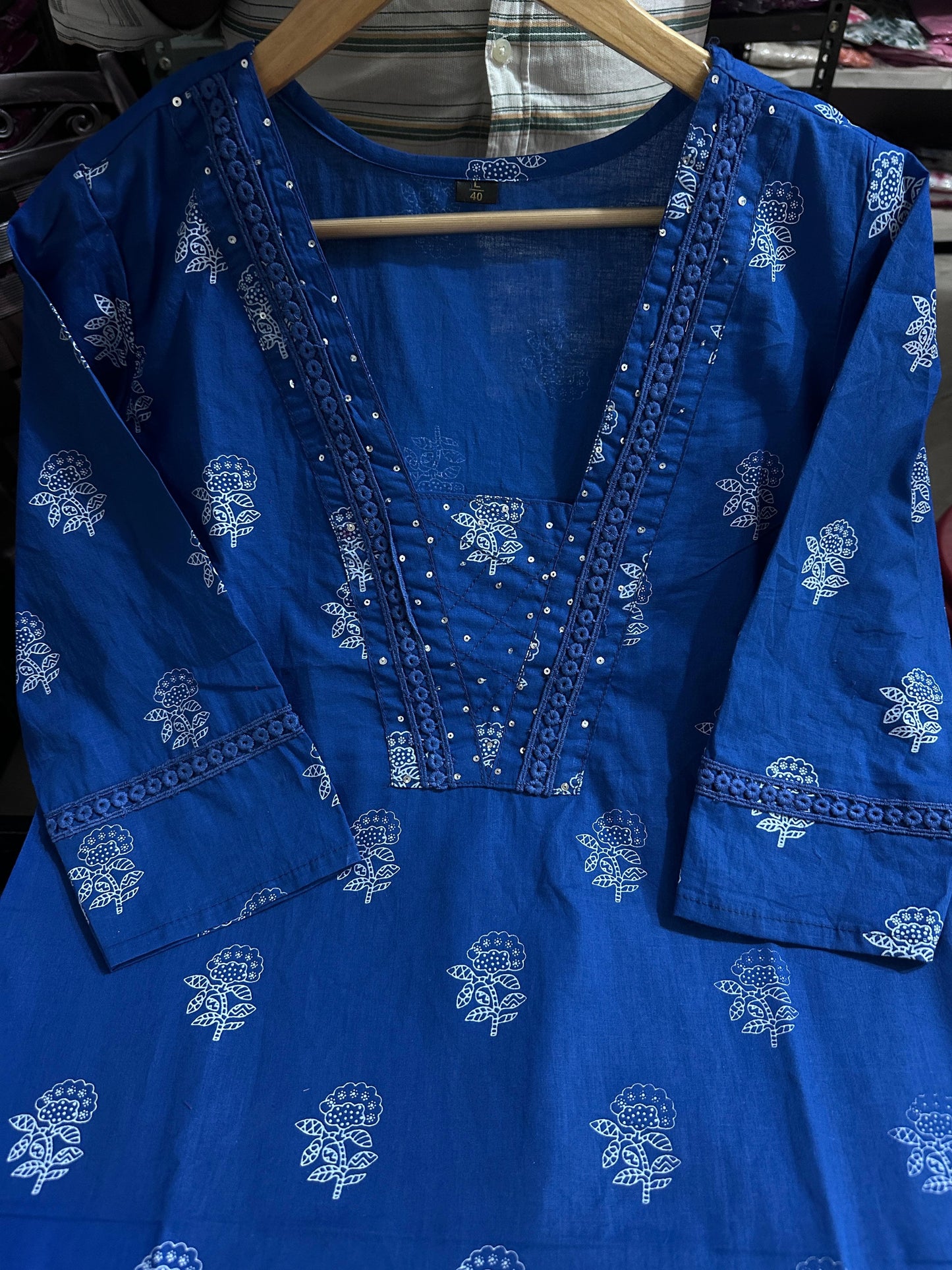 Dark Blue Designer Handblock Print Kurti Pant and Dupatta Set