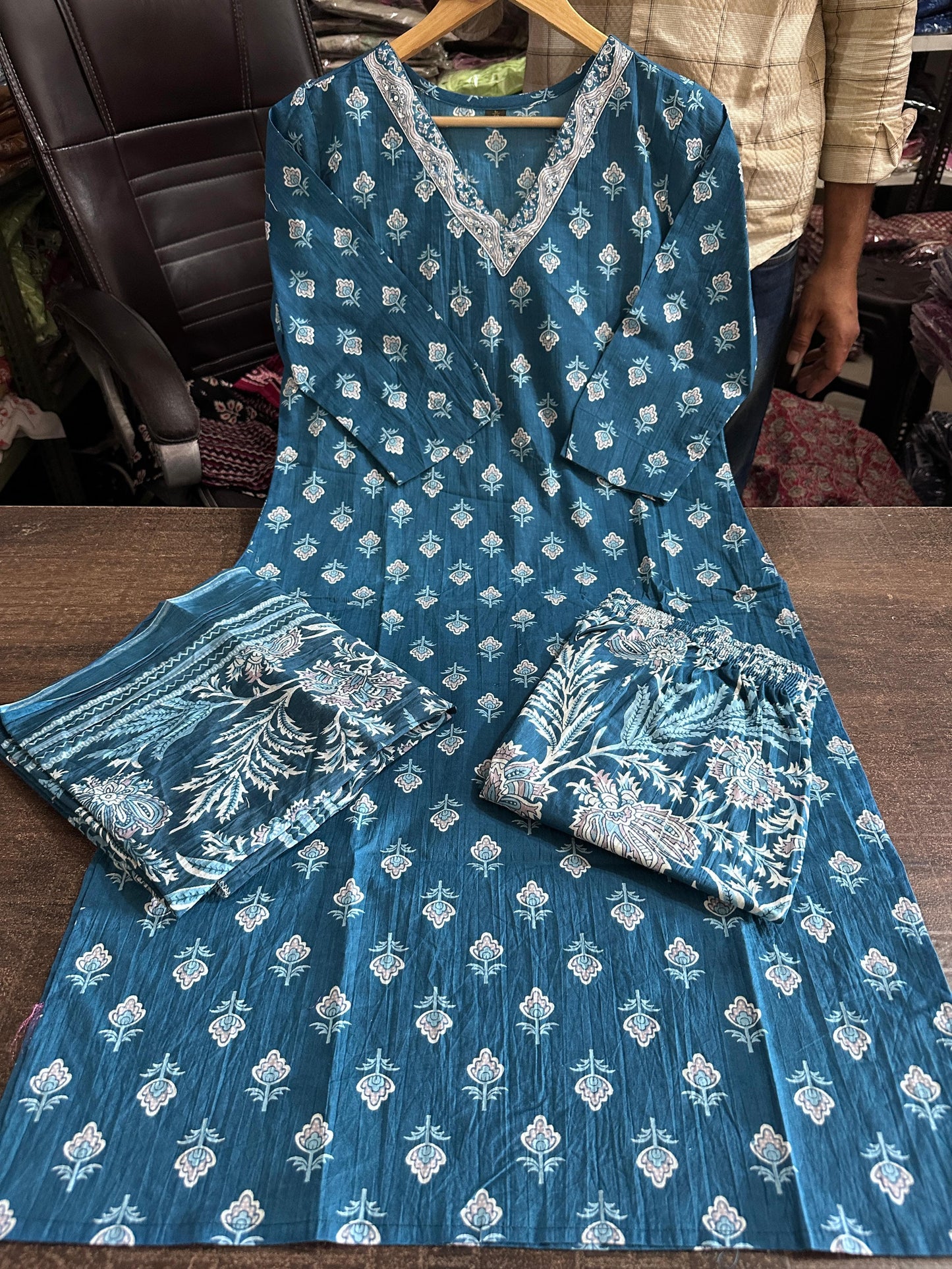 Sky Blue Designer Azarak Printed Kurti Pant and Dupatta Set