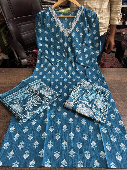 Sky Blue Designer Azarak Printed Kurti Pant and Dupatta Set