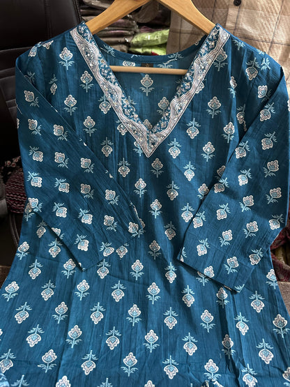 Sky Blue Designer Azarak Printed Kurti Pant and Dupatta Set