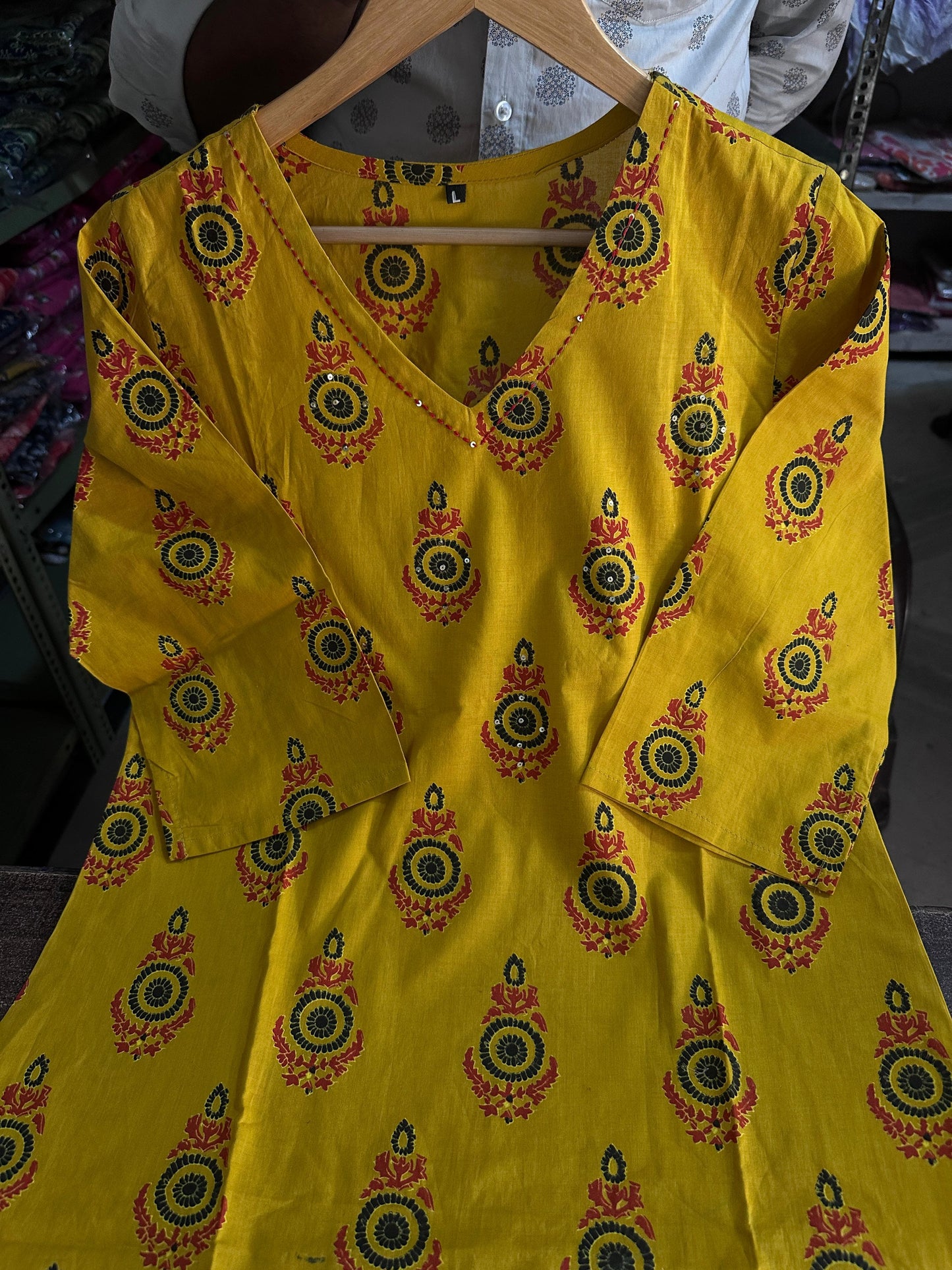 Yellow Kalamkari Fusion Azrak Bagru Print Kurti Pant and Dupatta Set