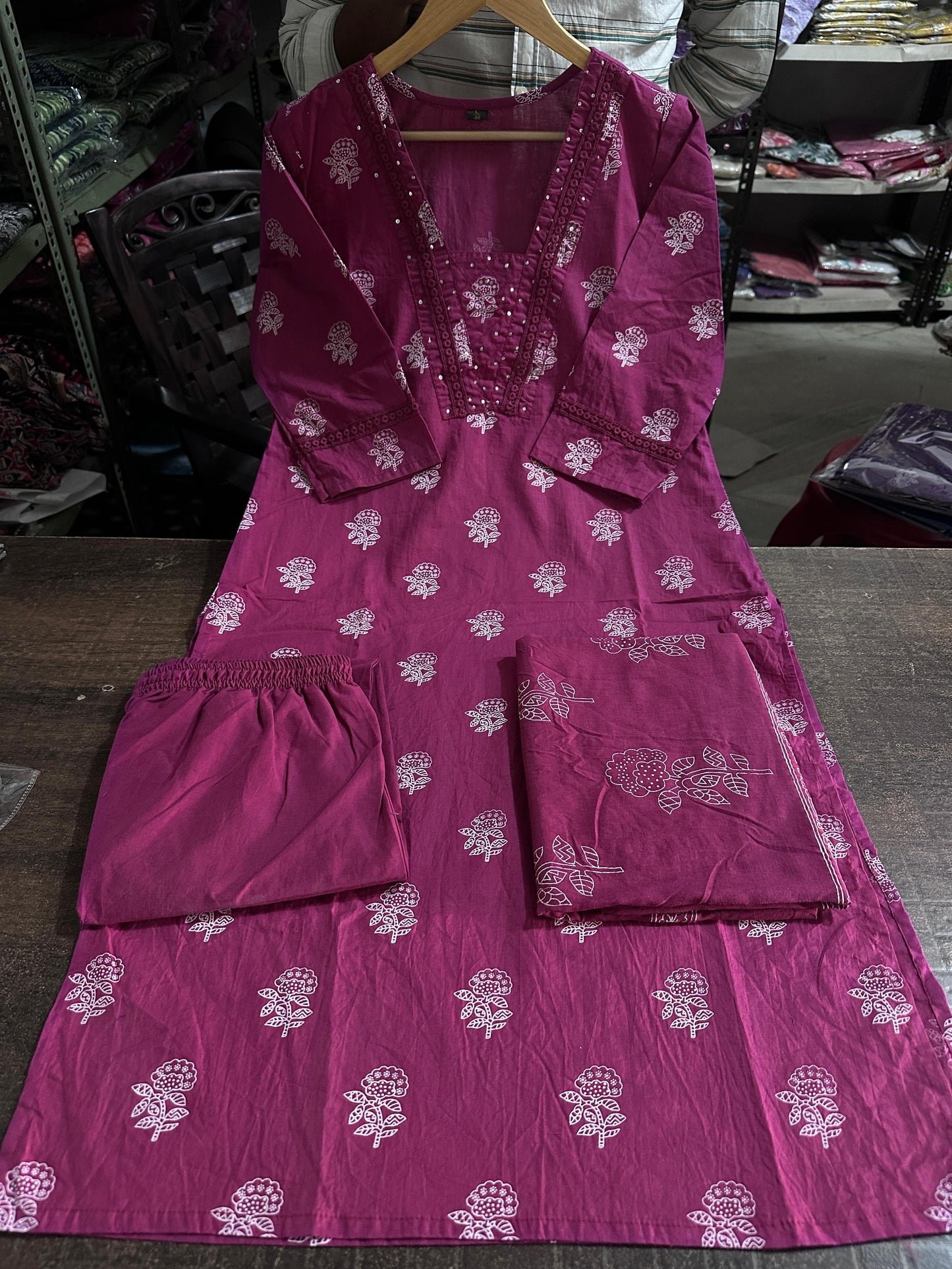 Maroon Designer V-Neck Block Pattern Kurti Pant & Dupatta Set