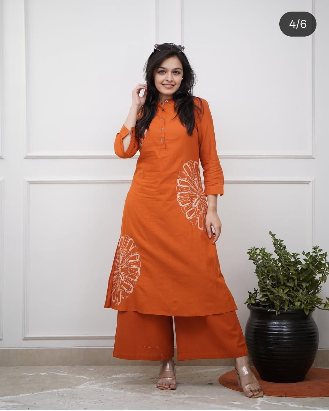 Orange Pure Cotton Kurta Pant Set with Embroidery Work