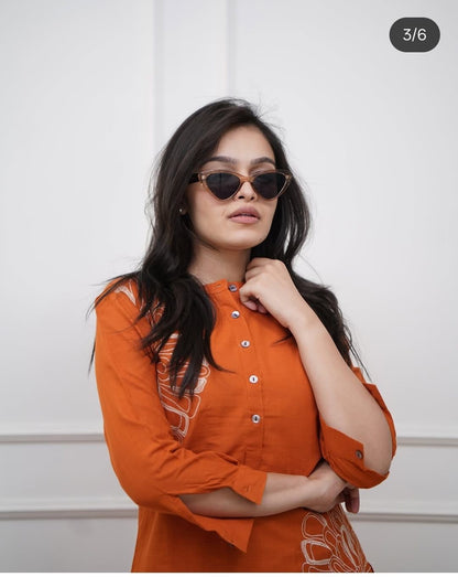 Orange Pure Cotton Kurta Pant Set with Embroidery Work