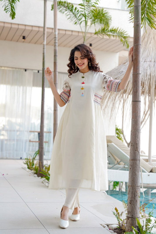 White Pure Cotton Round Neck Kurti and Pant Set