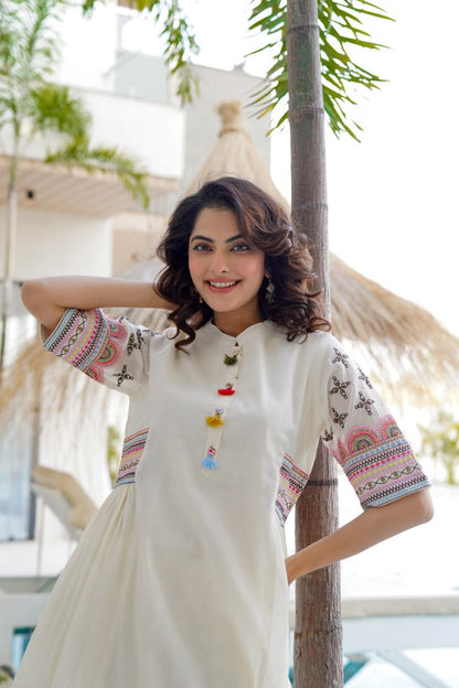 White Pure Cotton Round Neck Kurti and Pant Set