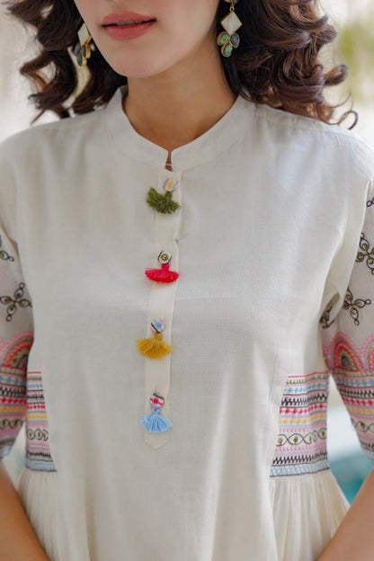 White Pure Cotton Round Neck Kurti and Pant Set