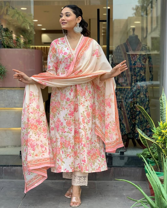 Floral Print Pure Cotton Ethnic Dress With Attached Dupatta
