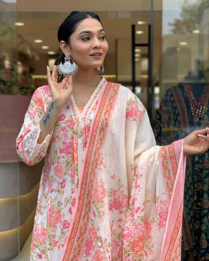 Floral Print Pure Cotton Ethnic Dress With Attached Dupatta