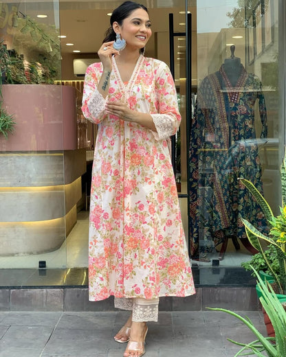 Floral Print Pure Cotton Ethnic Dress With Attached Dupatta