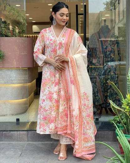 Floral Print Pure Cotton Ethnic Dress With Attached Dupatta