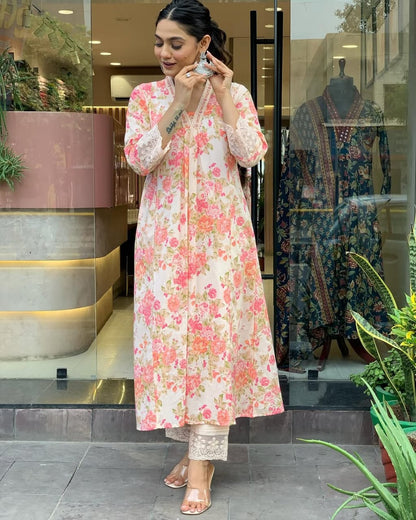 Floral Print Pure Cotton Ethnic Dress With Attached Dupatta