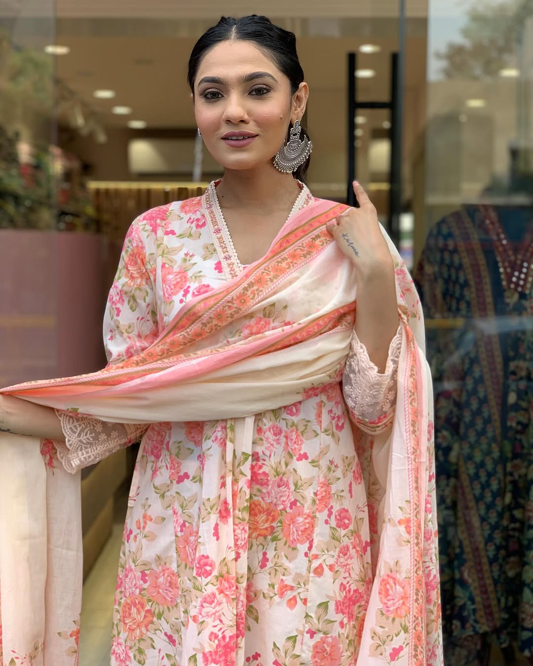 Floral Print Pure Cotton Ethnic Dress With Attached Dupatta