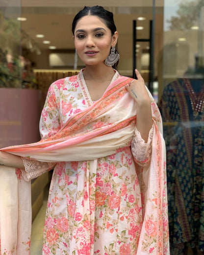 Floral Print Pure Cotton Ethnic Dress With Attached Dupatta